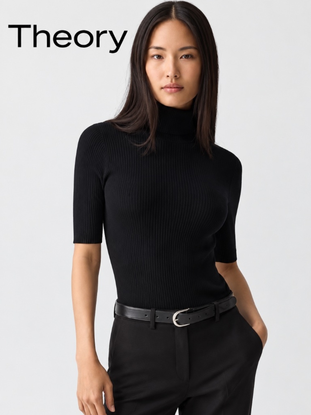 Theory Leenda Black Short-Sleeve Turtleneck Sweater